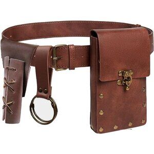 Steampunk Broiwn Leather Belt Pouch Waist Bag Medieval Phone Holder CosplayX